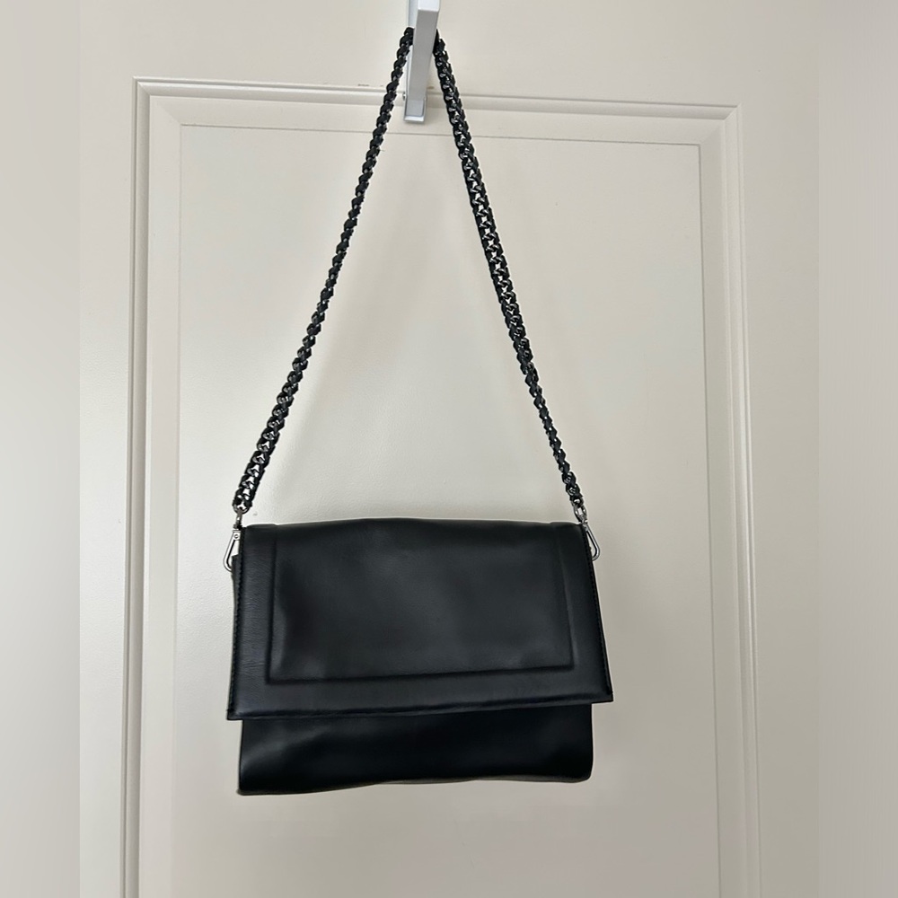 NWOT black premium leather flap shoulder bag / clutch with chain